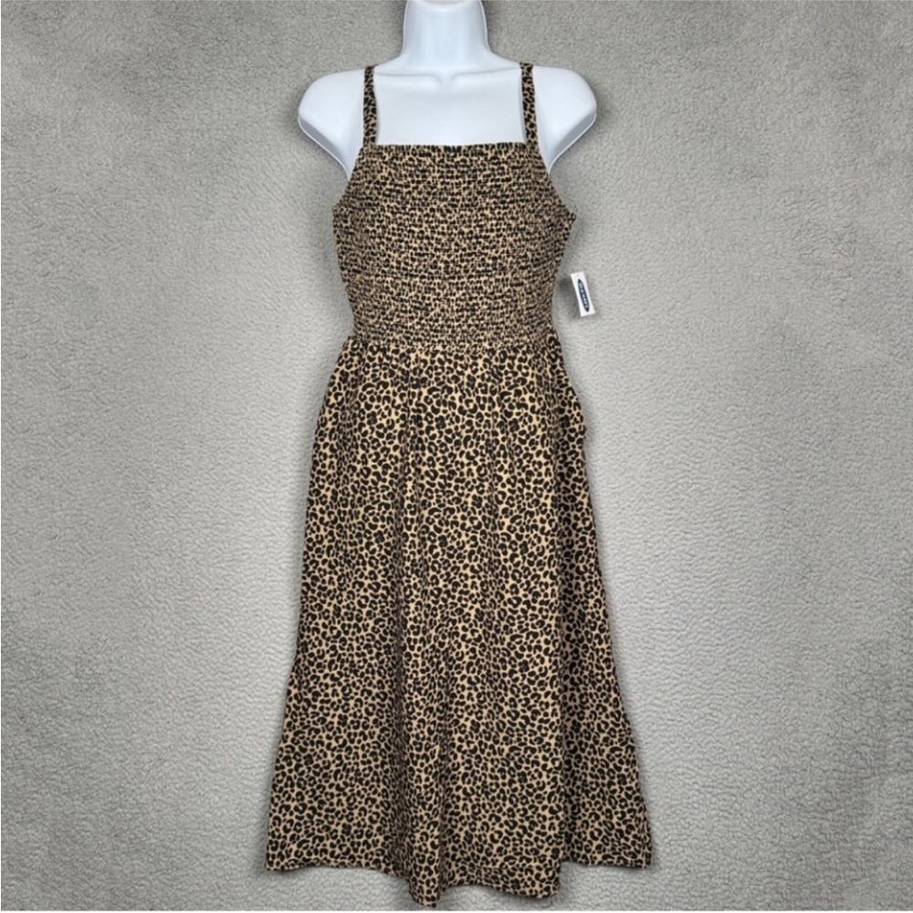 Leopard Print Mini Dress with Smocked Bodice - Brown